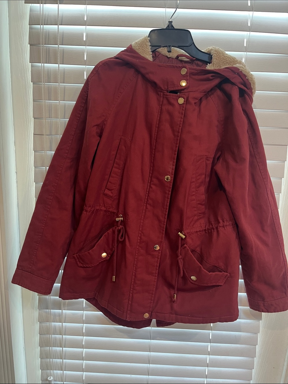 Collection B Burgundy Hooded Utility Jacket with Sherpa Trim